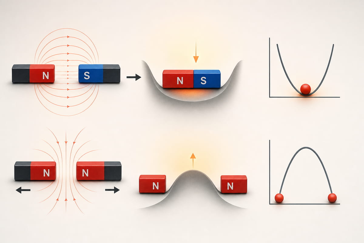 Como é que os ímanes em barra interagem uns com os outros? 6 Os ímanes deslocam-se naturalmente para a posição em que têm a menor quantidade de energia armazenada