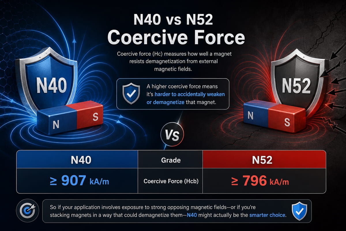Ímanes N40 vs N52: potência, custo e qual a classe escolher 5 Força coercitiva dos ímanes N40 vs N52