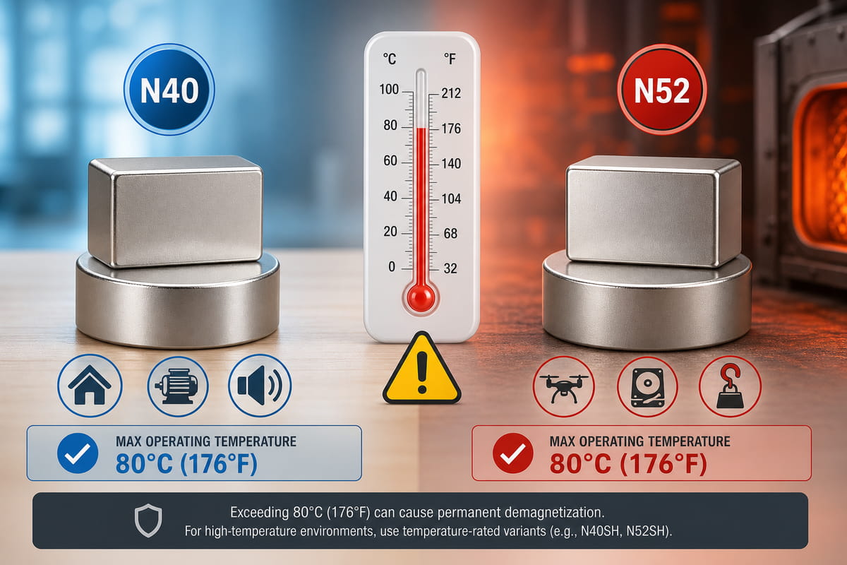 Ímanes N40 vs N52: potência, custo e qual a classe escolher 6 Temperatura dos ímanes N40 vs N52