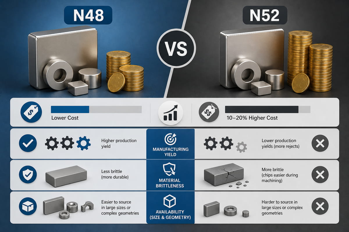 Diferenças de custo e fabrico entre os ímanes N48 e N52