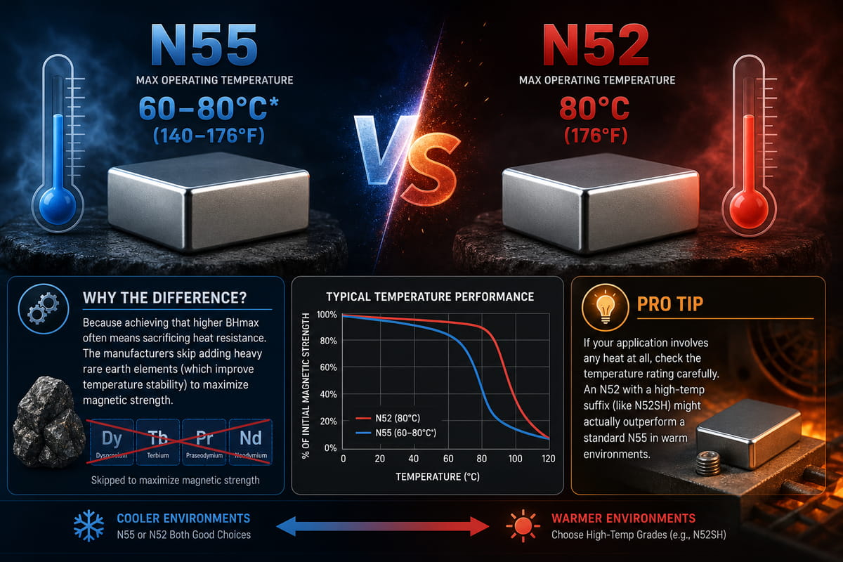 Ímanes N52 vs N55: Que tipo deve utilizar? 6 Tolerância à temperatura dos ímanes N55 vs N52