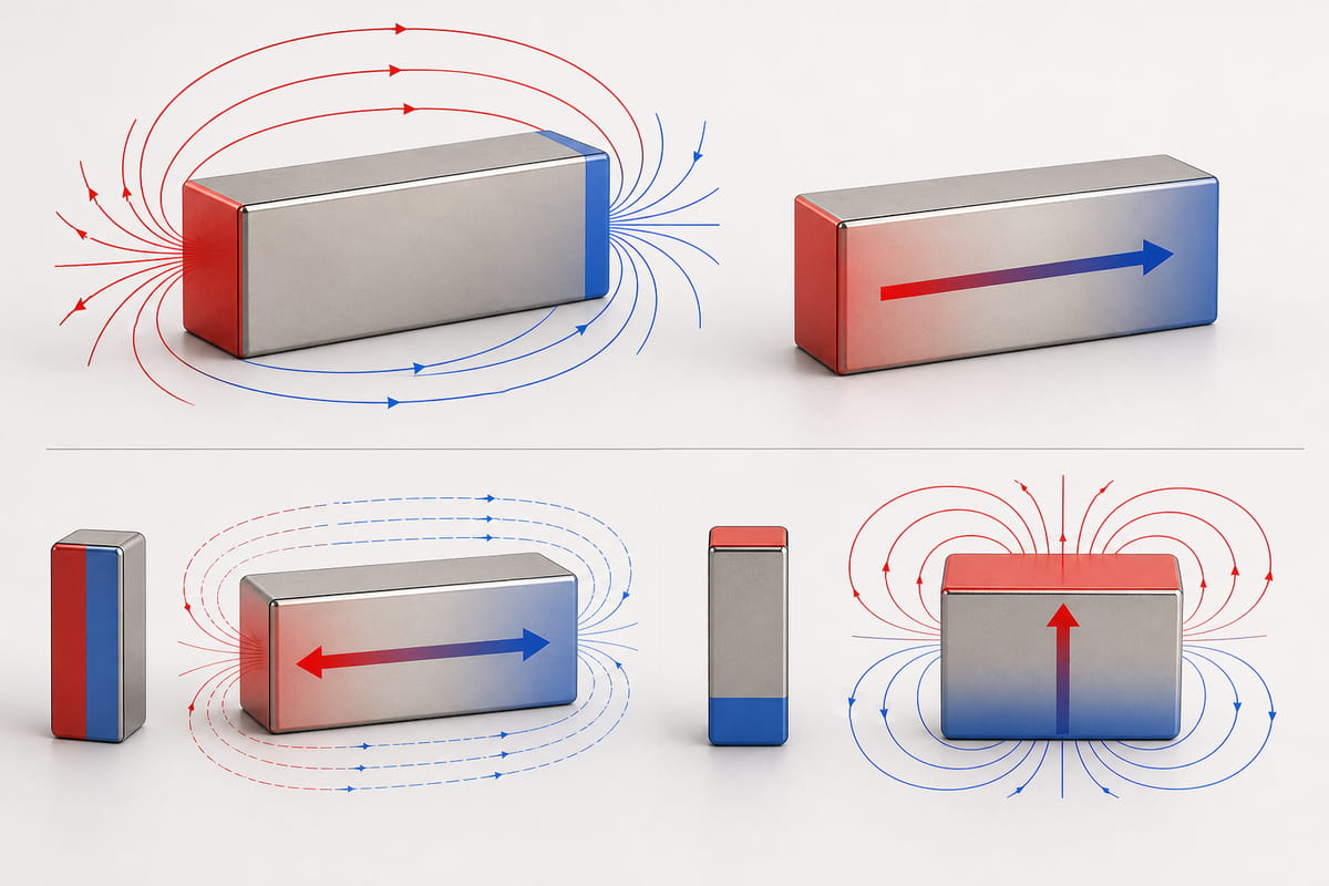 Pólos dos ímanes em bloco e direção da magnetização