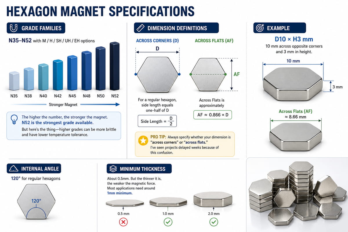 O que são ímanes hexagonais? Tipos, utilizações, especificações e guia de seleção 7 Especificações do íman hexagonal