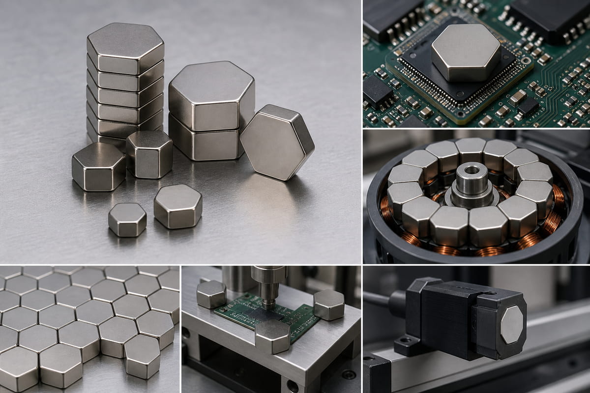 O que são ímanes hexagonais? Tipos, utilizações, especificações e guia de seleção 4 Ímãs hexagonais industriais e de neodímio